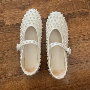 White Pearl Embellished Mary Jane Flats